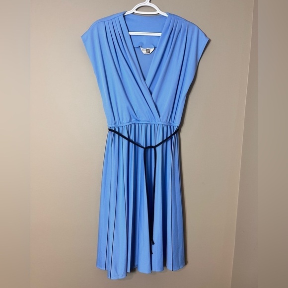 Vintage Sears Blue Wrap Dress Cap Sleeve Midi 70s 80s Size 14P Preppy Timeless - Picture 11 of 11